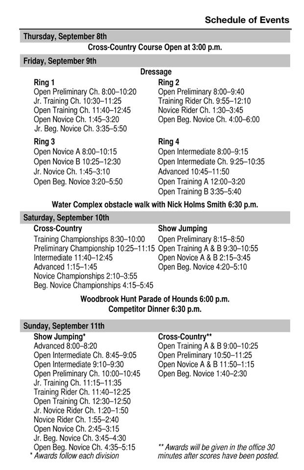 Aspen Farms Horse Trials September 2016 Show Schedule